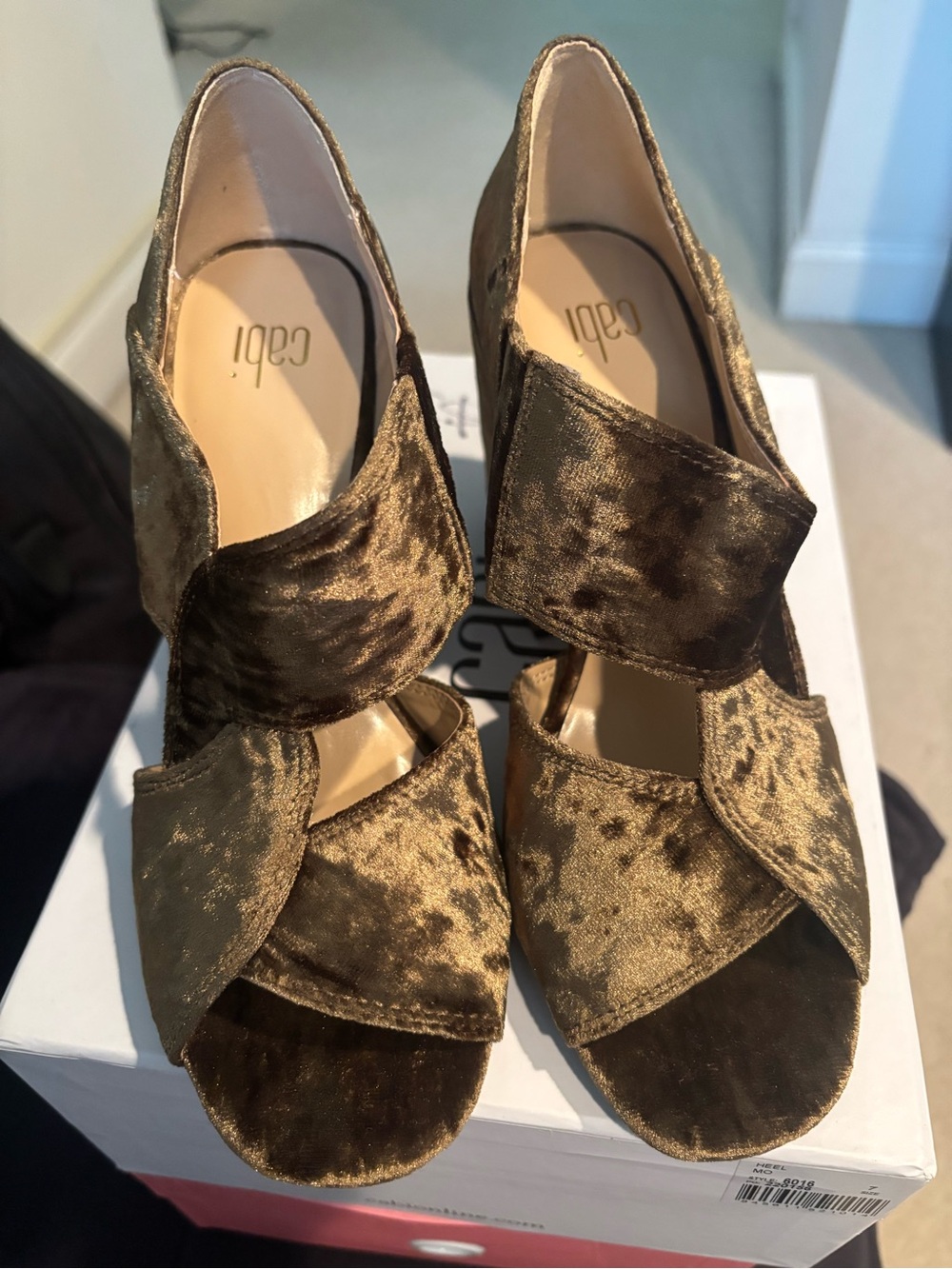 CAbi Olive Green Velvet Open-Toe Heels